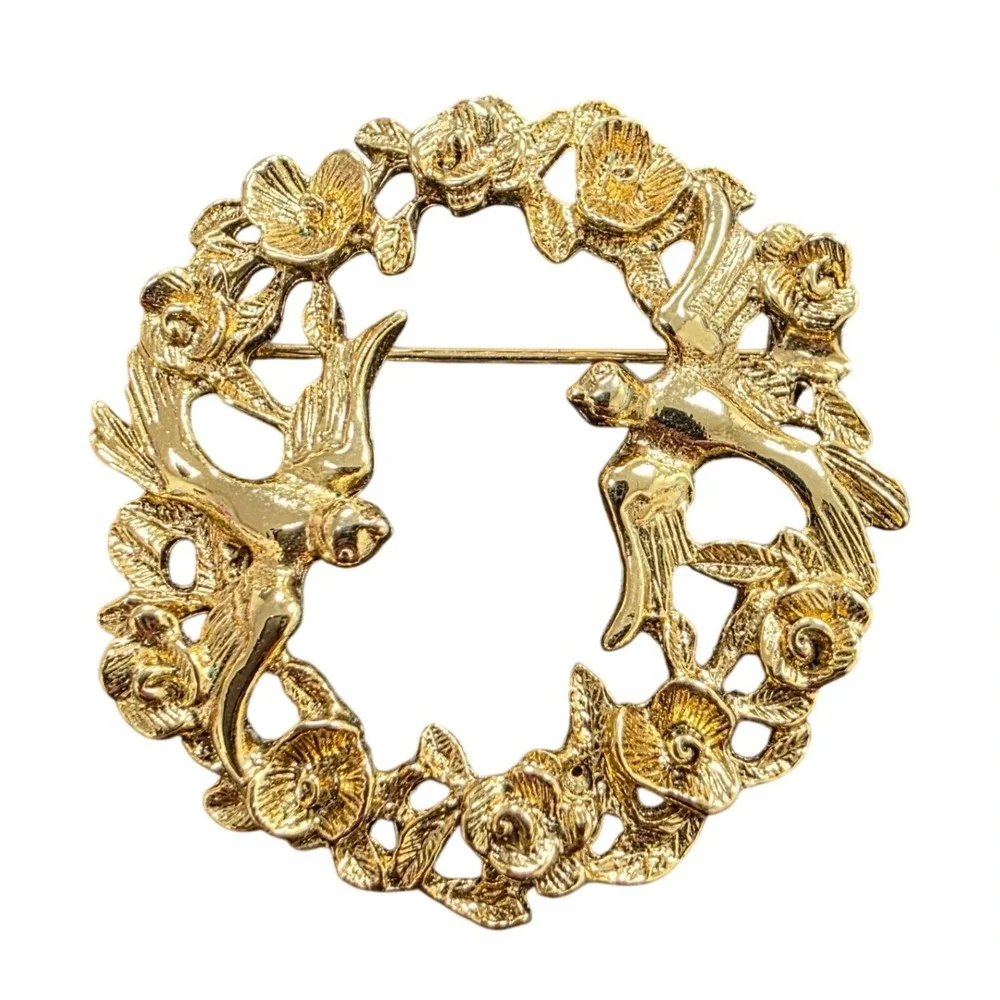 Vintage Gold Tone Bird and Rose Wreath Brooch Pin Nature Inspired Floral Wreath